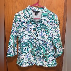 Kaktus Blazer Jean Jacket Teal Purple White Geometric Button Down Medium Women’s